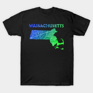 Colorful mandala art map of Massachusetts with text in blue and green T-Shirt